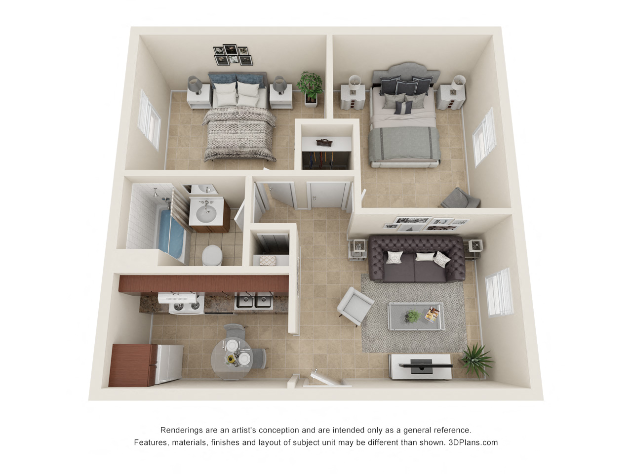 Floor plan for 2 beds, 1 bath, 774 sqft